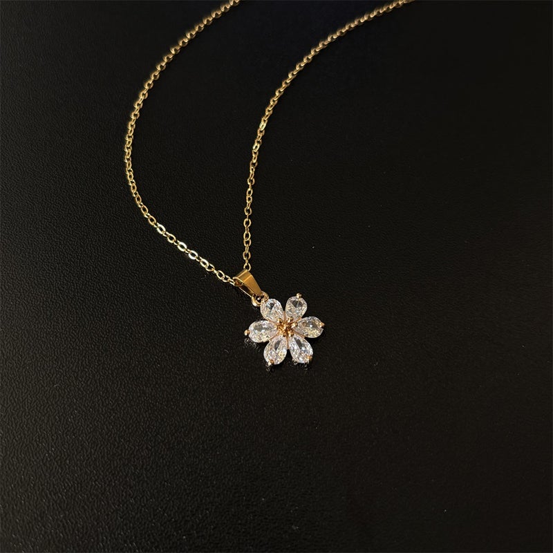 Fashion New Flower Full Diamond Zircon Pendant Stainless Steel Chain Lady Necklace - Image 3